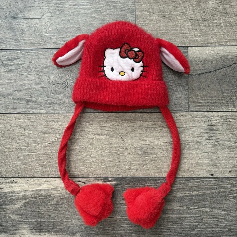 Hello Kitty Red Moveable Bunny Ears Knit Beanie Hat Sanrio Plush Pom Pom Kids OS